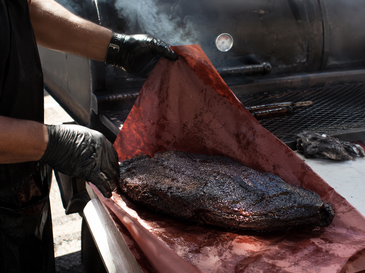 Wrapping the brisket in pink butcher paper